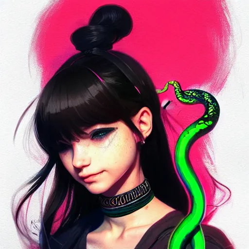 Prompt: longshot of a pretty girl wearing a black choker holding a snake, intricate, bright colors, sharp focus, illustration, highly detailed, concept art, matte, trending on artstation, anime, art by wlop and artgerm and greg rutkowski, ilya kuvshinov, strong strokes, h 6 4 0