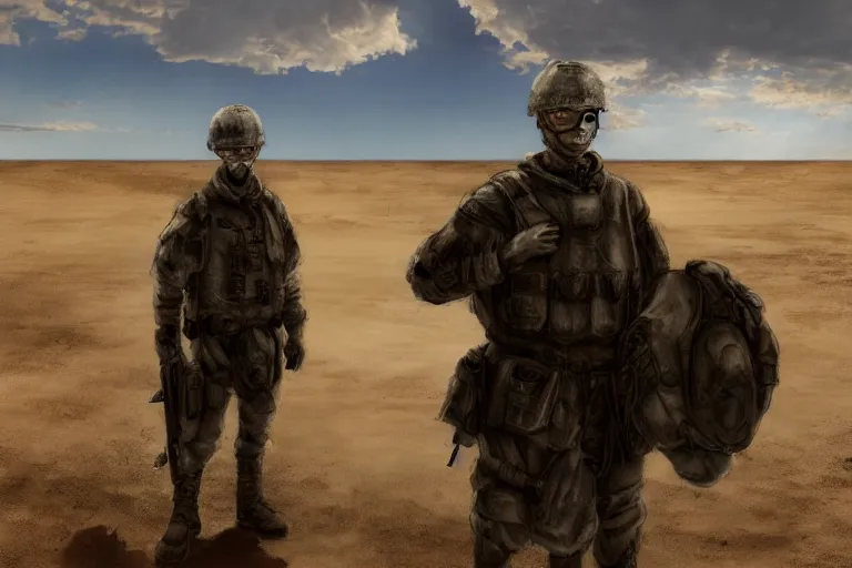 Prompt: sergeant dornan is standing in the desert near a closed hangar, a small ripple in the air from the heat, glare from the sun on metal surfaces, realistic proportions, anime style ghost in armor