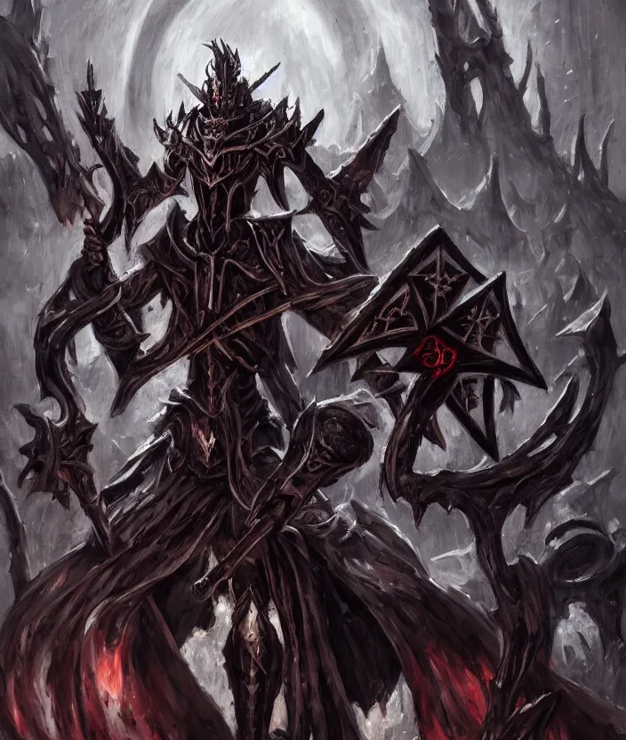 Image similar to ainz ooal gown wears daedric armor and casts the ultimate spell on an army of knights, oil painting!!!, runes, overlord!!!, magic, dark, gloomy, portrait, character portrait, concept art, symmetrical, 4 k, macro detail, realistic shadows, bloom, cosplay, anime, dviant art