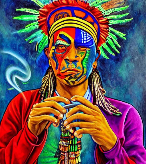 Image similar to Painting in a style of Alex Grey of a shaman dressed in a colorful traditional clothes. He is smoking a pipe