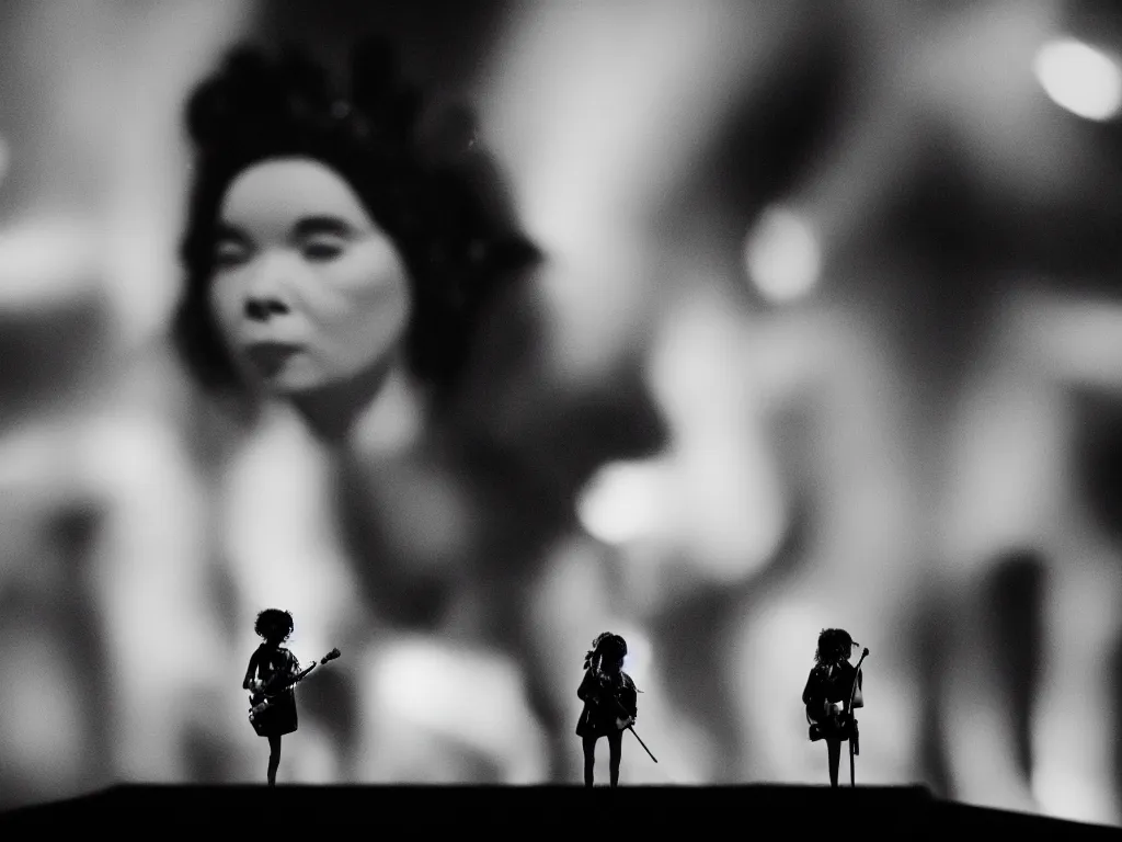 Image similar to a cinematic film still of a claymation stop motion film, bjork in concert, shallow depth of field, 8 0 mm, f 1. 8