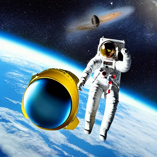 Image similar to astronaut in space, galactic background reflections on suit on one side and a yellow planet on the other side