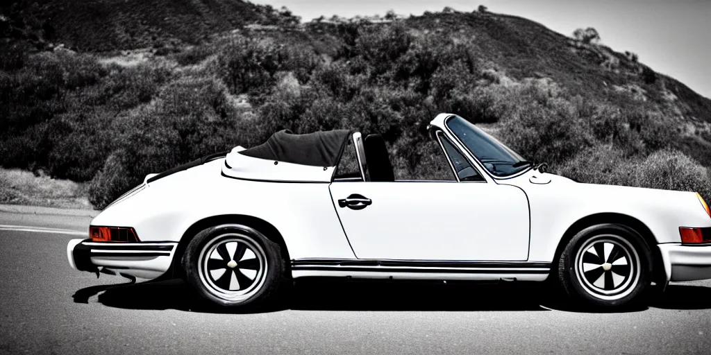 Prompt: photograph, rebadged, 1974 PORSCHE 911, roadster, by Pete Biro, press release, cinematic, malibu canyon, 8k, depth of field, bokeh ,