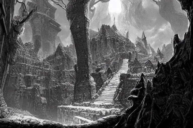 Prompt: black and white point perspective dungeon cozy fantasy dungeon you find the burrowed lair of swordlore, the full worm,by artgerm and Craig Mullins, James Jean, Andrey Ryabovichev, Mark Simonetti and Peter Morbacher 16k