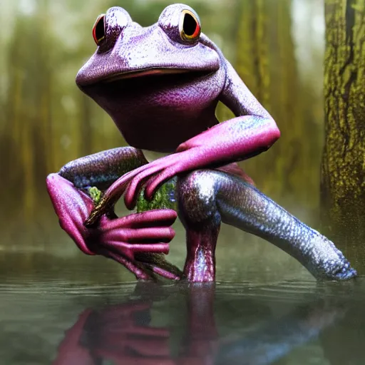 Prompt: cinematic shot of an anthropomorphic blue frog wearing a pink suit of armor aiming an AK-47 knee-deep in a swamp, very intricate, very detailed, depth of field,