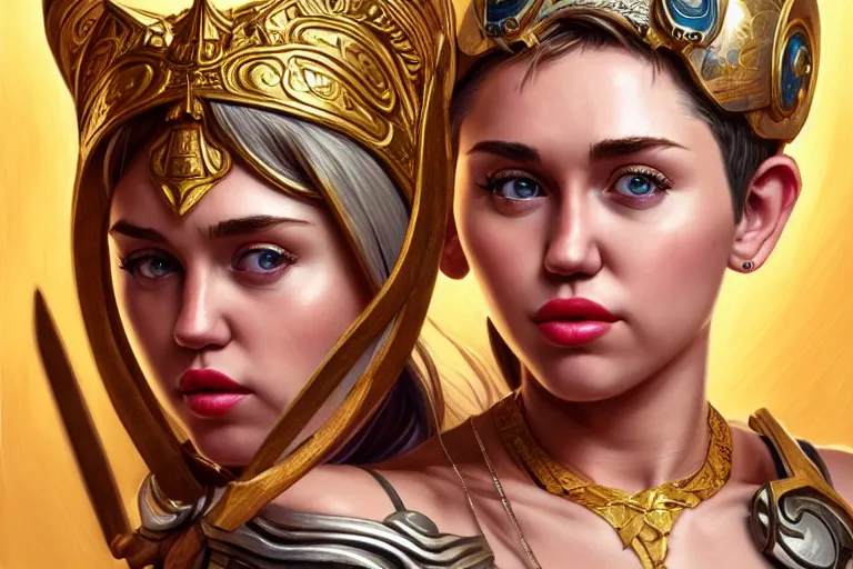 Image similar to miley cyrus as greek goddess athena, closeup, d & d, fantasy, intricate, elegant, highly detailed, digital painting, artstation, concept art, matte, sharp focus, illustration, hearthstone, art by artgerm and greg rutkowski and alphonse mucha