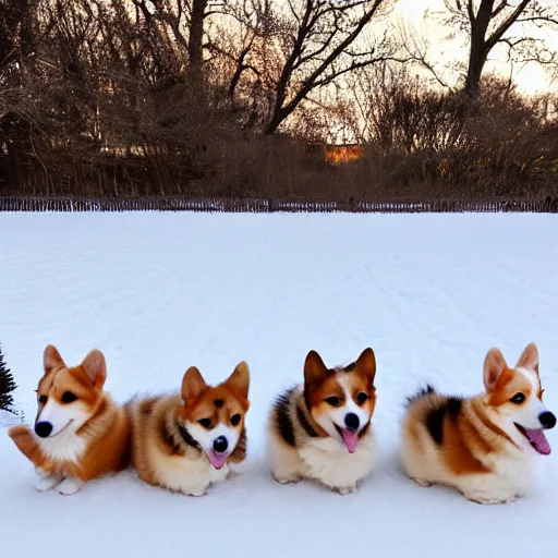 Prompt: 8k highly detailed photograph of the five most adorable Corgi Puppies playing in snow in my backyard, natural lighting,