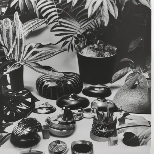 Image similar to A black and white photography of an exhibition space with objects of Sun Ra, Marcel Duchamp and tropical plants, 60s, offset lithography print, close up shot