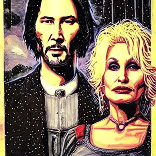 Image similar to American Gothic, with Keanu Reeves and Dolly Parton, by MARVEL comics and Sandra Chevrier