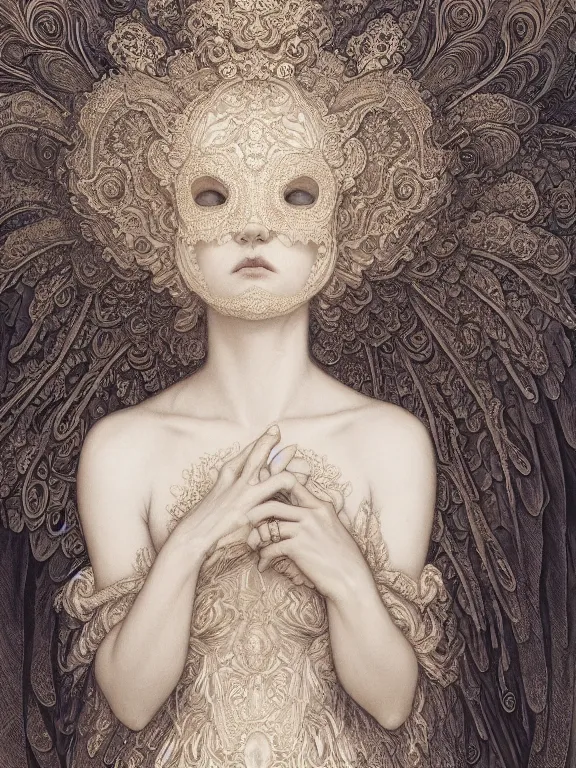 Image similar to Gustave dore beautiful maiden ivory mask intricate ornate wings fractal-lace iridescent-gemstone wearing ivory rococo dress, full view, soft lighting, Hyperdetailed, 4k hd matte painting by Artgerm, Kelly McKernan, Marc Simonetti, Mucha, Klimt, Moebius, James Jean, Irina Istratova, 8k resolution, enchanting and otherworldly, Artstation, CGsociety, detailed, front view