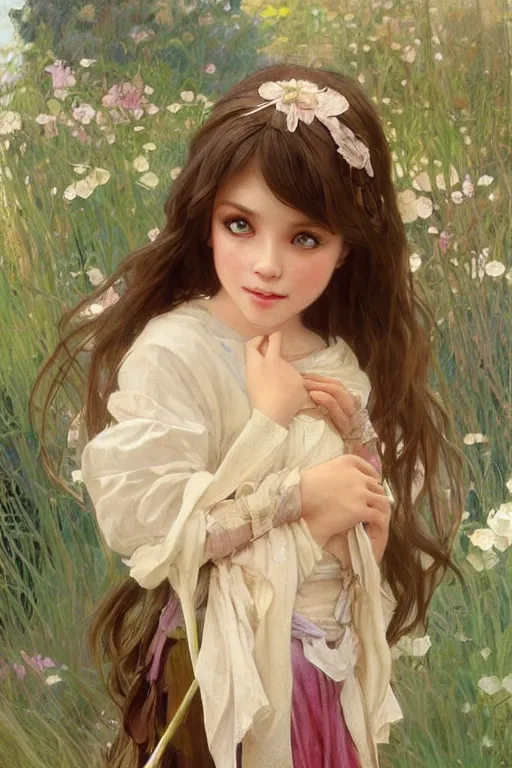 Image similar to a little girl with a mischievous face and short!! light brown straight hair. she is dressed as disney princess painting, beautiful detailed face. by artgerm and greg rutkowski and alphonse mucha