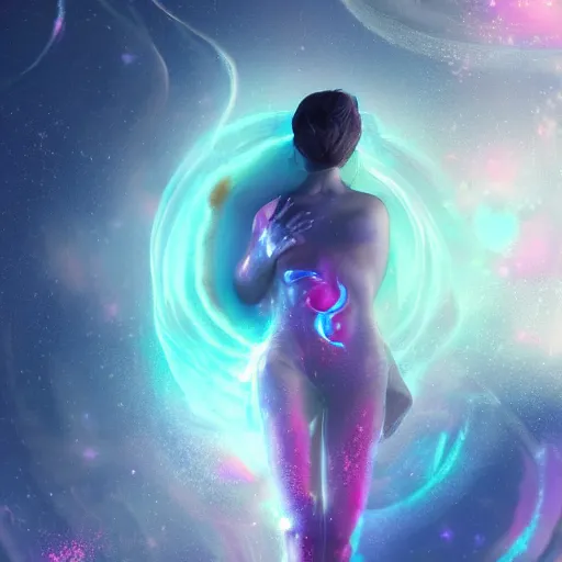 Prompt: a woman leaving her body, astral projection, astral travel, space background, cinematic, detailed, very realistic, trending on Artstation, Cgsociety