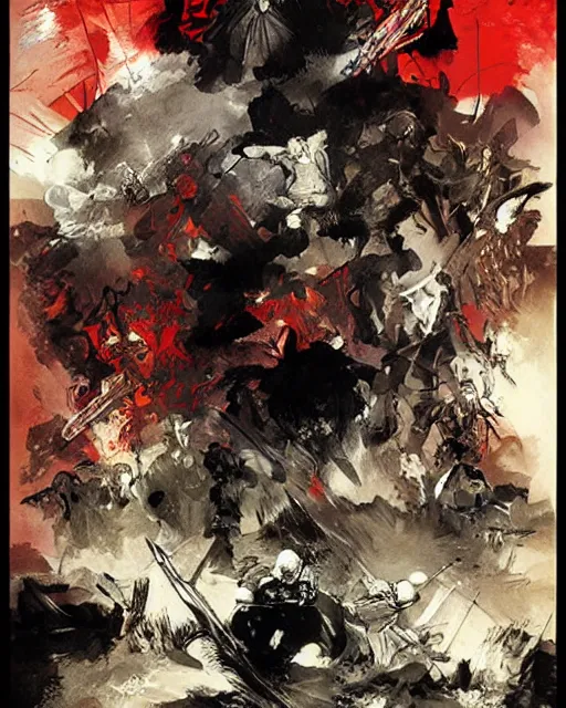 Image similar to the art of war poster by bill sienkiewicz and jaime jones