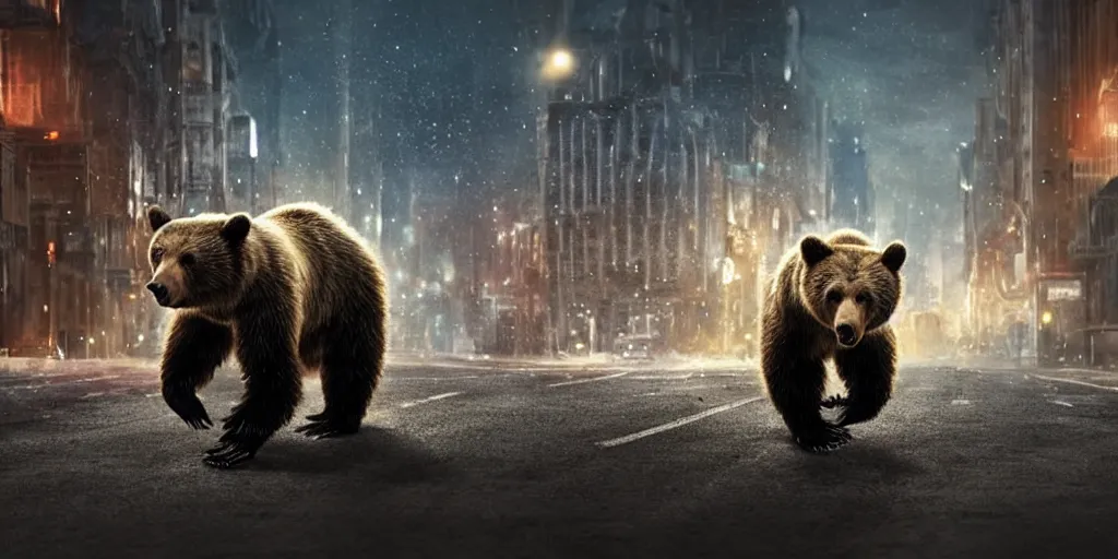 Prompt: nuclear mutation of a bear walking through a desolate city street at night, realistic 4 k octane beautifully detailed render, 4 k post - processing, highly detailed, intricate complexity, epic composition, magical atmosphere, cinematic lighting, masterpiece, ultra hd