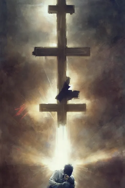 Prompt: man kneeling at the foot of a wooden cross, dramatic lighting art by Yoji Shinkawa by Richard Schmid by greg rutkowski by Sandra Chevrier by Jeremy Lipking cinematic dramatic, by frank miller, illustration by Ruan Jia and Mandy Jurgens and William-Adolphe Bouguereau, Artgerm, 4k, digital art, surreal, space dandy style, highly detailed, godsend, artstation, digital painting, concept art, smooth, sharp focus, illustration by Ruan Jia and Mandy Jurgens and William-Adolphe Bouguereau, Artgerm