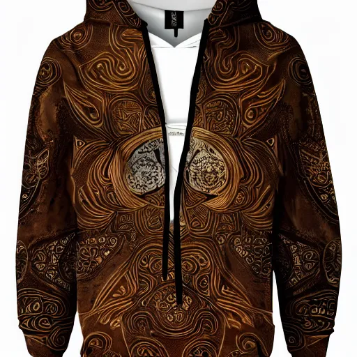 Image similar to batik, hoodie, dark brown, trendsetter, fashion of the year, fiction, stability, intricate, elegant, 8 k, uhd, justify, artstation, concept art, matte, sharp focus, illustration, consistent, highly detailed object content, proportional object content