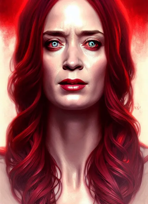 Prompt: portrait of emily blunt as a vampire lord, jewelry, greek, ruby, intricate, headshot, highly detailed, digital painting, artstation, concept art, sharp focus, cinematic lighting, illustration, art by artgerm and greg rutkowski, alphonse mucha, cgsociety