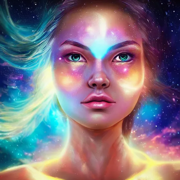 Image similar to highly detailed close up portrait of a celestial girl with a body made of cosmic energy, space background, character art, studio lightning, bright colors, intricate, masterpiece, photorealistic, hiperrealistic, sharp focus, high contrast, Artstation HQ, DeviantArt trending, 4k UHD, Unreal Engine 5