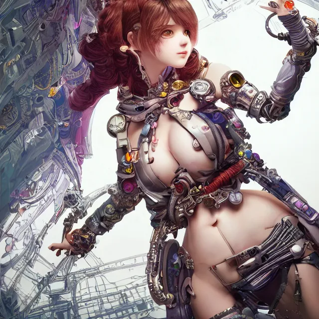 Prompt: the portrait of true neutral semi - colorful female cyborg mechanist as absurdly beautiful, gorgeous, elegant, young gravure idol, an ultrafine hyperdetailed illustration by kim jung gi, irakli nadar, intricate linework, bright colors, octopath traveler, final fantasy, unreal engine 5 highly rendered, global illumination, radiant light, detailed and intricate environment