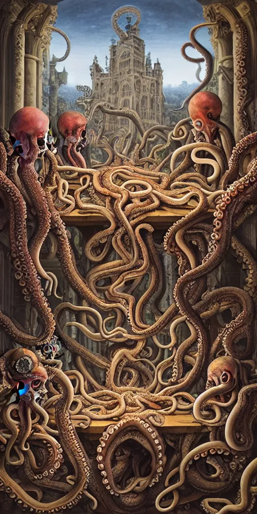 Image similar to group of humans with octopus heads arguing with mages with medusa heads they are sitting near the table in an ancient mage castle with enormous scale, gothic and baroque, brutalist architecture, ultradetailed, Intricate by James Jean and Josan Gonzalez and John Howe and Giuseppe Arcimboldo