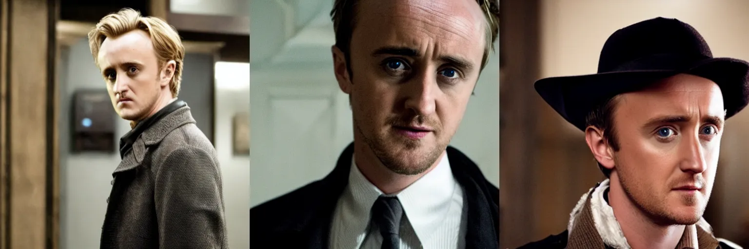 Prompt: close-up of Tom Felton as a detective in a movie directed by Christopher Nolan, movie still frame, promotional image, imax 70 mm footage