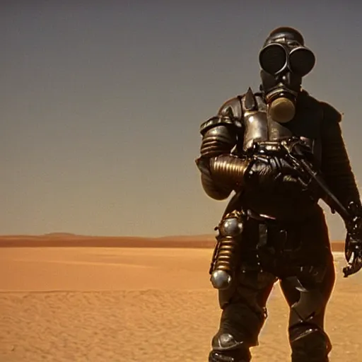 Image similar to a heavily armored man wearing a gasmask, in the desert, film still, panavision panaflex