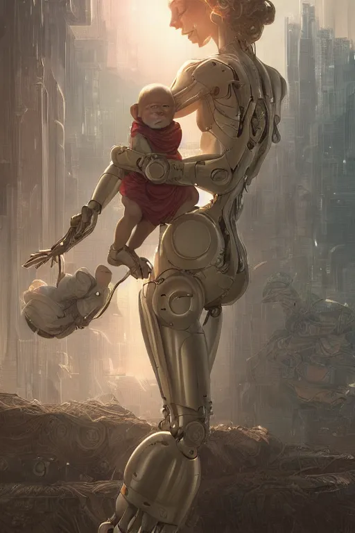 Prompt: Ultra realistic illustration, robot woman carrying a sleeping baby, cyberpunk, sci-fi, fantasy, intricate, elegant, highly detailed, digital painting, artstation, concept art, smooth, sharp focus, illustration, art by artgerm and greg rutkowski and alphonse mucha
