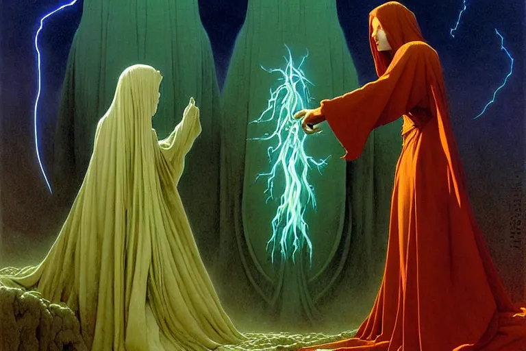 Prompt: the female arcanist and the male artificer by zacharias aagaard and albert bierstadt and gerald brom and zdzisław beksinski and wayne barlowe and marc simonetti and jean delville, beautiful, robes, highly detailed, hyperrealistic, intricate, energy, electricity, blue flame, low light, green crystal, high contrast