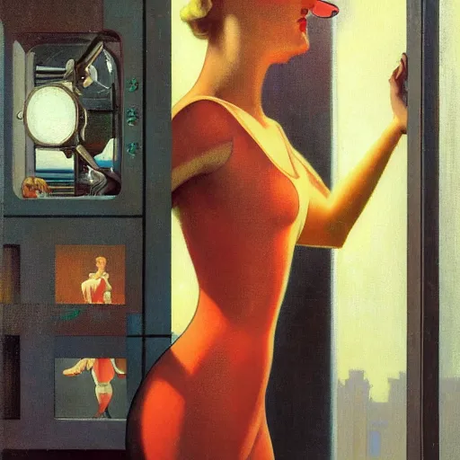 Image similar to retrofuturistic 1 9 3 0 s detailed oil painting of a woman in a window, cyberdeco catsuit, electronic billboards, tech noir, wet reflections, atmospheric, ambient, alexis flower, hopper, mucha, wlop, gil elvgren, grant wood,, livia prima, george tooker, greg rutkowski, whistler, norman rockwell, peter max