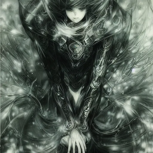 Image similar to Yoshitaka Amano blurred and dreamy illustration of an anime girl with wavy white hair and cracks on her face wearing Elden ring armour with the cape fluttering in the wind, abstract black and white patterns on the background, noisy film grain effect, highly detailed, Renaissance oil painting, weird portrait angle