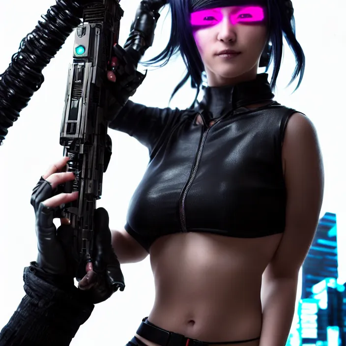 Prompt: full length portrait photograph of a real-life beautiful woman cyberpunk ninja. Extremely detailed. 8k