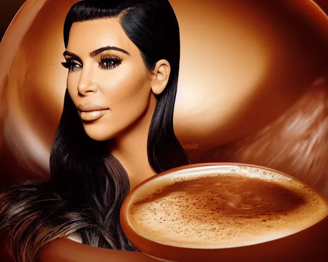 Image similar to Kim Kardashian inside a giant cup of coffee, highly detailed, cinematic, award winning, studio lighting