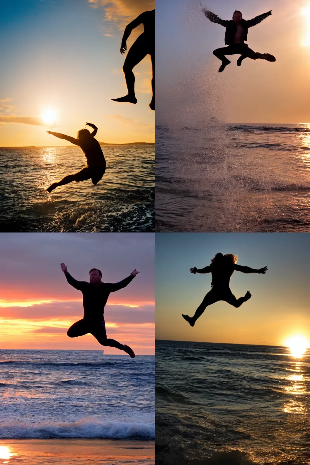 Prompt: Alex Jones jumping out of the ocean, sunset, golden hour, dramatic lighting, majestic, high shutter speed