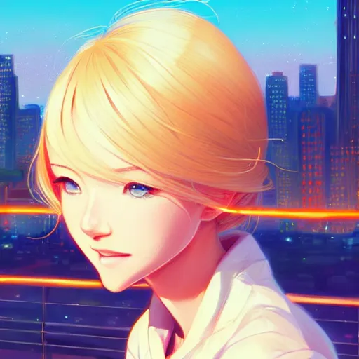 Image similar to a beautiful blond girl, city background, intricate, highly detailed, digital painting, artstation, official media, anime key visual, concept art, rich vivid colors, ambient lighting, sharp focus, illustration, art by Artgerm, Makoto Shinkai, Ilya Kuvshinov, Lois Van Baarle, and Rossdraws