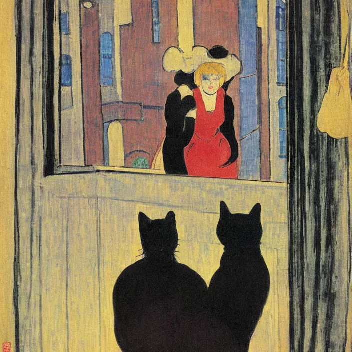Prompt: couple under a baldachin with city seen from a window frame. fuzzy black cat. henri de toulouse - lautrec, utamaro, matisse, felix vallotton, rene magritte
