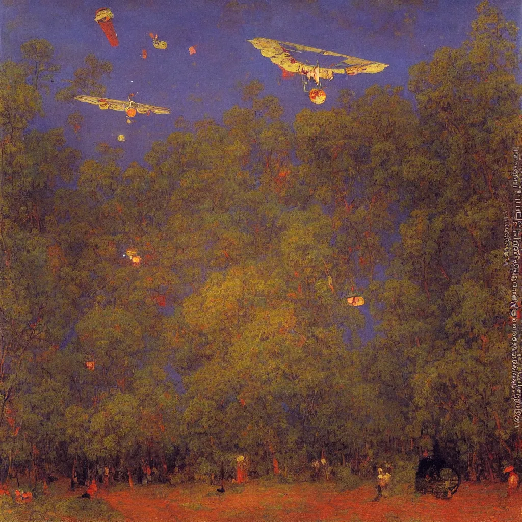 Image similar to two huge zepplins flying above a forest in twilight, 1905, highly detailed colourful oil on canvas, by Ilya Repin