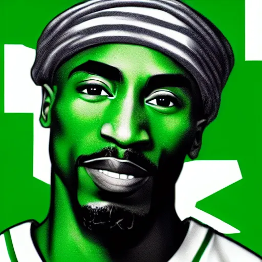 Image similar to portrait of tupac shakur, boston celtics jersey number 3 4, green, white, cartoon digital art, oil on canvas, trending on artstation, octane render