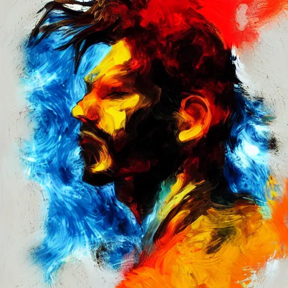 Prompt: abstract painting of man on fire. Handsome. Long hair. portrait. ArtStation. Impressionist. Rule of thirds. Silouette