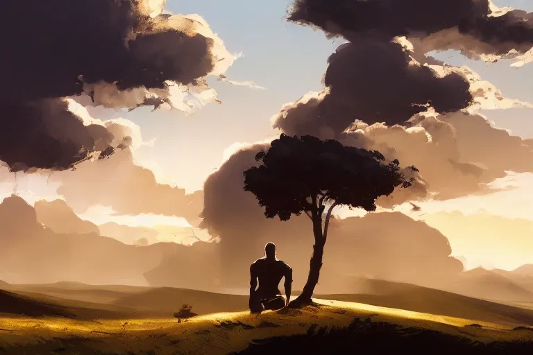 Prompt: wide landscape view of a giant kneeling beside trees, dramatic cloudscape, golden hour lighting, trending on artstation, by frank frazetta