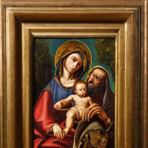 Image similar to a very detailed oil painting of the Holy Family, very detailed faces, showing Mary, Saint Joseph and Jesus, By Andrea Vaccaro