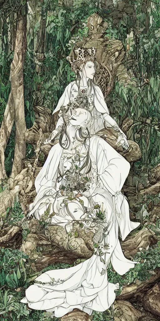 Prompt: an highly detailed magical empress sitting by herself on a sofa in a forest wearing a white robe drawn by cloverworks studio, excellent line work ,elegant and beautiful, tarot card, Tarot card the empress