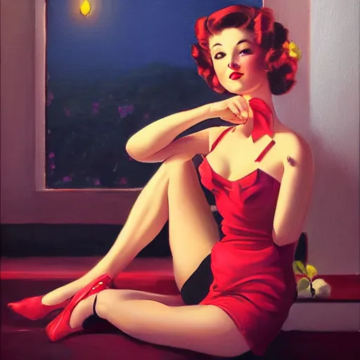 Image similar to a painting in the style of gil elvgren and in the style of ross tran.