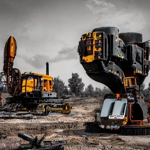 Image similar to giant scary treaded mining automated machine with drill, mining scrap metal, highly detailed body, retro, industrial, dark, dystopian, apocalyptic, clean, in the style of simon stalenhag, 8 5 mm f / 1. 4