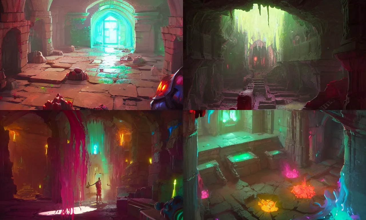 Prompt: Colorful slime in dungeon, by Greg Rutkowski on artstation, Unreal Engine