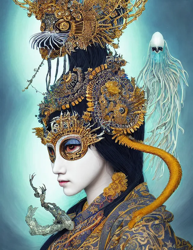 Prompt: goddess portrait with mask and crown made of ram skull. beautiful intricately detailed japanese crow kitsune mask and clasical japanese kimono. betta fish, jellyfish phoenix, bioluminescent, plasma, ice, water, wind, creature, super intricate ornaments artwork by tooth wu and wlop and beeple and greg rutkowski