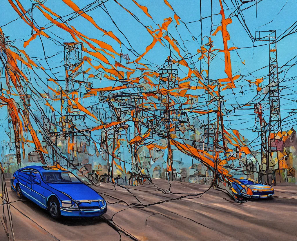 Image similar to a surreal painting of a frightened car being menaced by high - tension wires, saturated color scheme