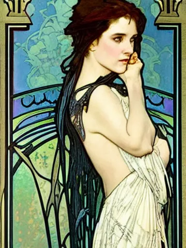 Image similar to a beautiful painting of young winona ryder by Alphonse Mucha and by Mark Brooks and by john william waterhouse and by arthur rackham, Art Nouveau, Neo-Gothic, gothic, award winning painting, hyperdetailed, detailed