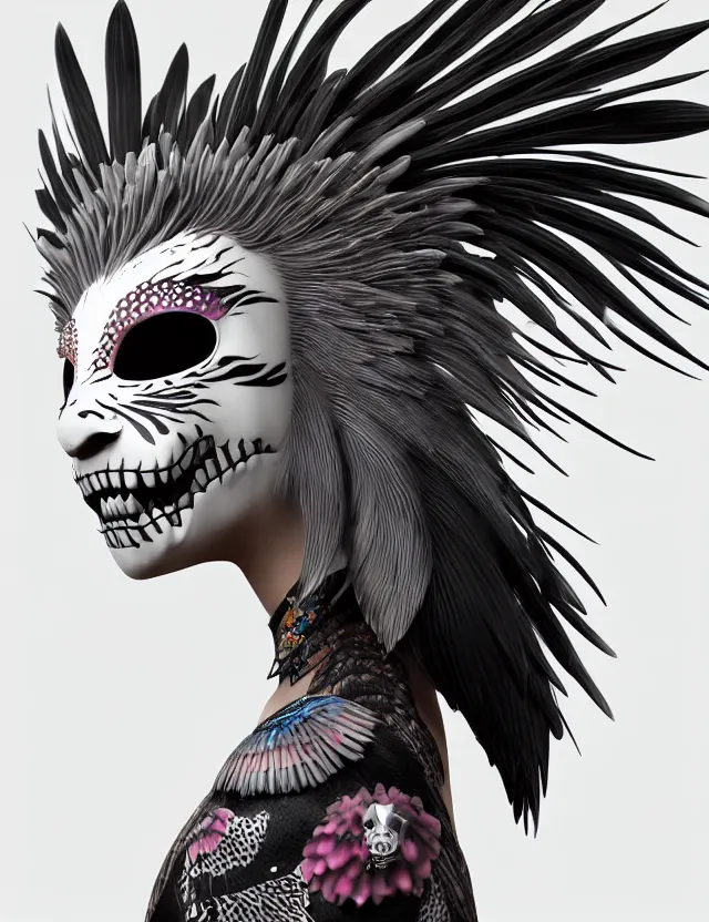 Image similar to 3 d goddess close - up profile simple portrait punk with mohawk with tiger skull. beautiful intricately detailed japanese crow kitsune mask and clasical japanese kimono. betta fish, jellyfish phoenix, bio luminescent, plasma, ice, water, wind, creature, artwork by tooth wu and wlop and beeple and greg rutkowski