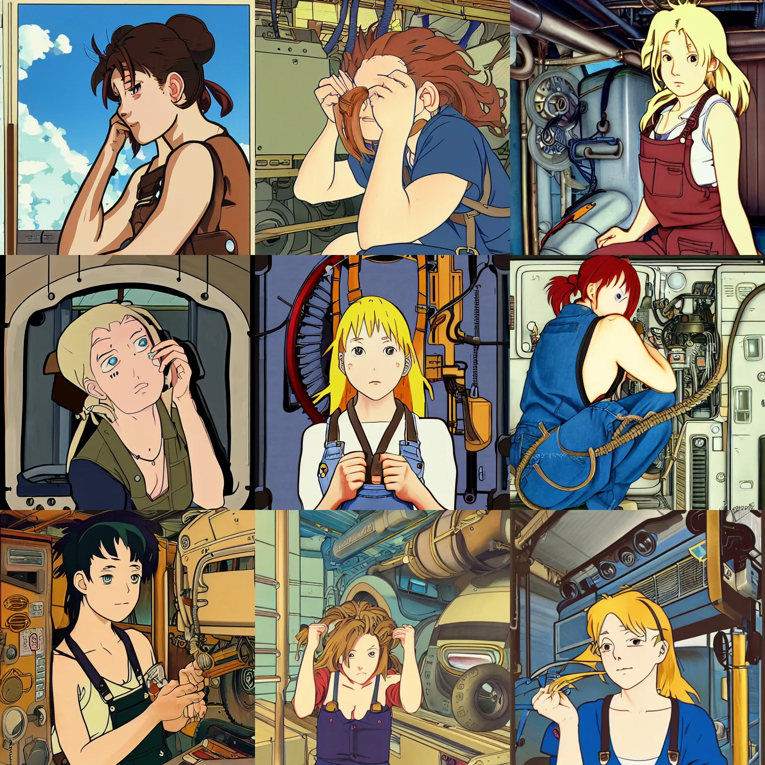 Prompt: portrait of a mechanic adjusting her hair in a cramped and dimly lit bunk, blonde, tank top, overalls, steampunk, studio ghibli face, highly detailed, cel shading, digital painting, anime key visual, artwork by hayao miyazaki and alphonse mucha