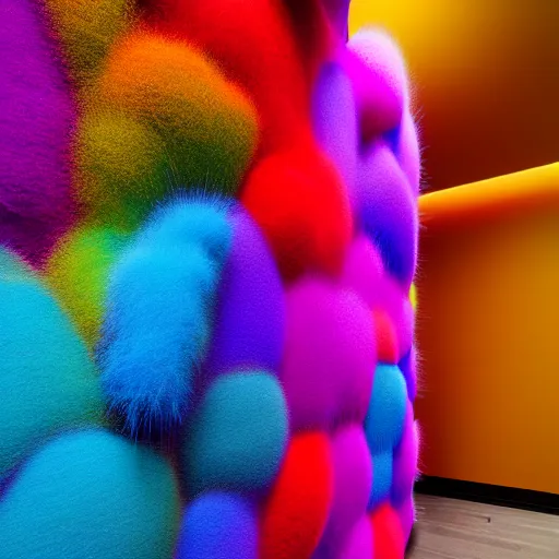 Image similar to : colorful abstract fuzzy sculpture art on the wall in modern architecture art studio soho new york, cinematic lighting, hyper - realistic, detailed, render by c 4 d octane, unreal engine, 8 k 3 d render